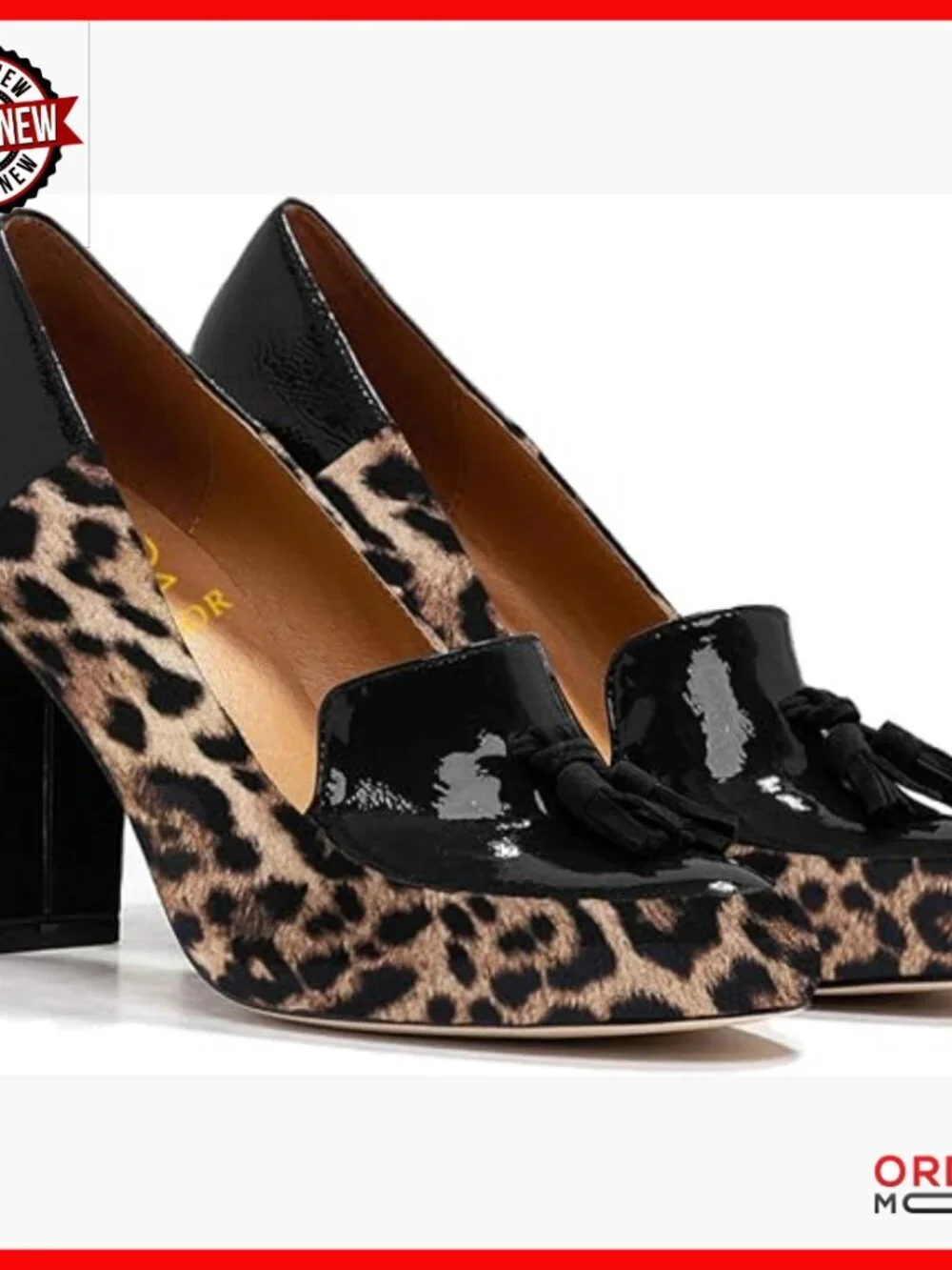 Chunky Block Heel Fringed Pumps, Suede Patent Leather Patchwork, Slip-On Loafers